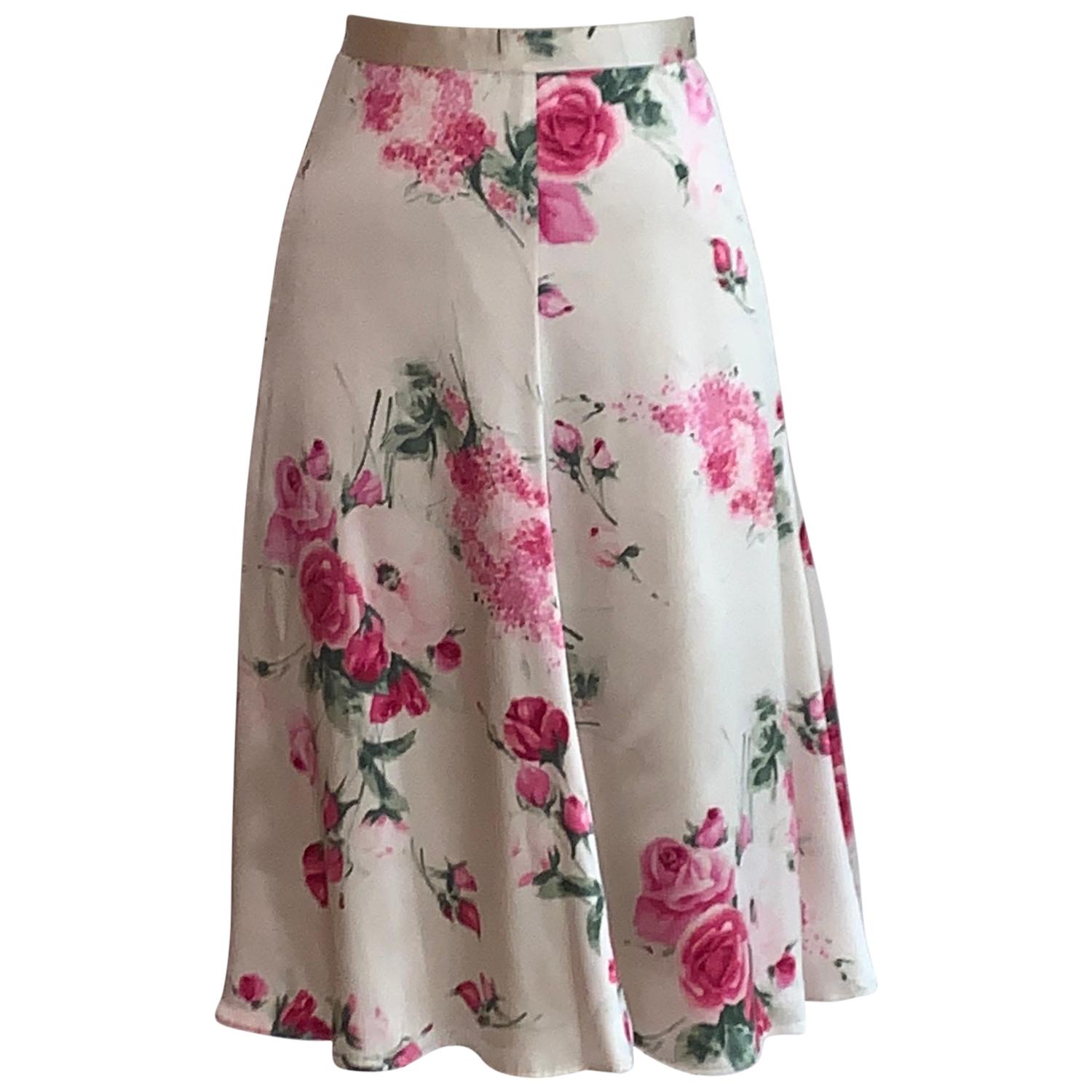 Dolce and Gabbana Rose Floral Print Silk Skirt Pink and Cream White
