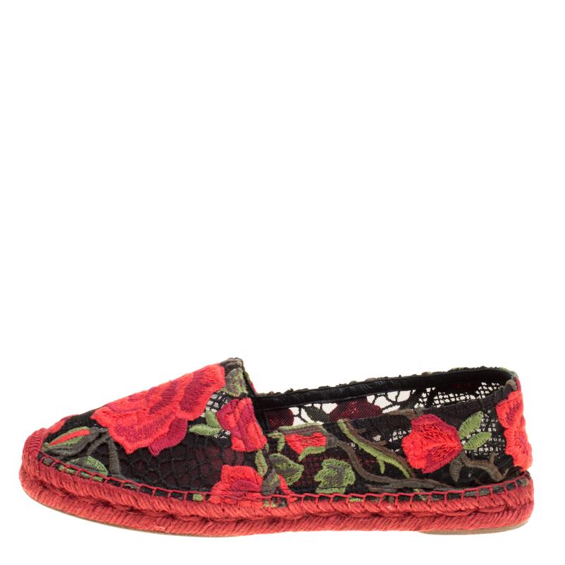 Step out in style every day with these gorgeous espadrilles from Dolce&Gabbana. Featuring a lace exterior with floral embroidery, this round toe pair is completed with braided midsoles and knitted details on the cap toes. Slip these on with shorts