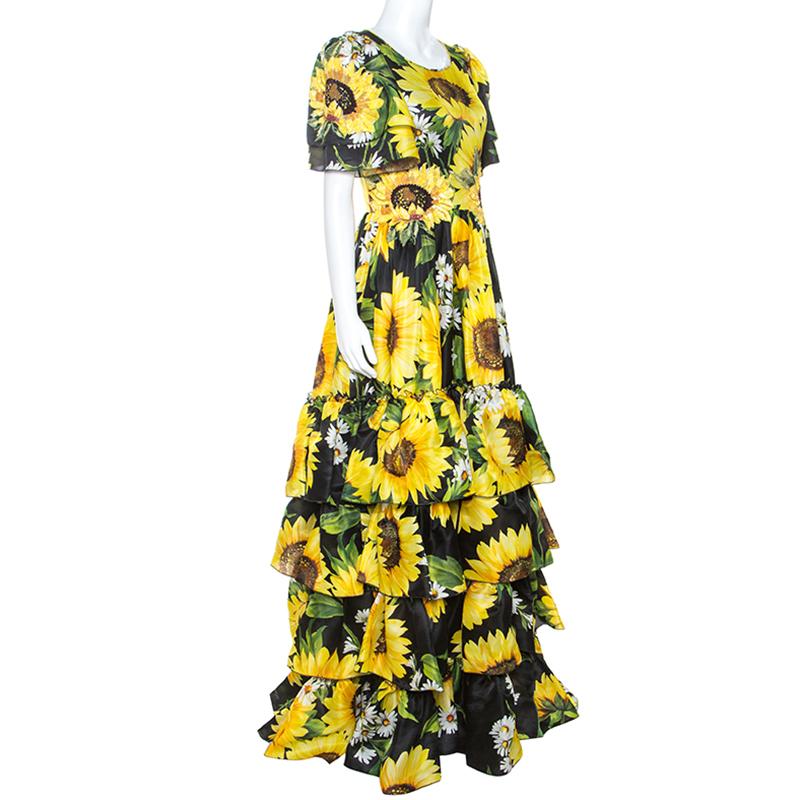 Beige Dolce and Gabbana Sartoria Black Sunflower Printed Silk Embellished Dress M