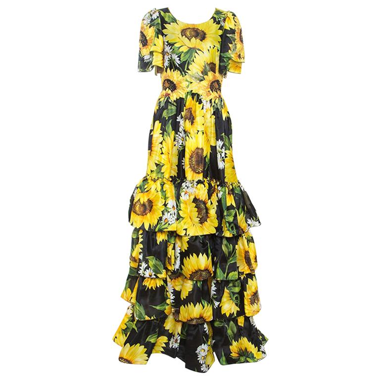 Dolce and Gabbana Sartoria Black Sunflower Printed Silk Embellished Dress M