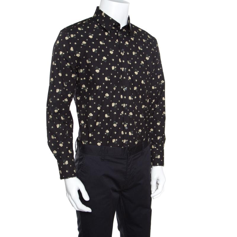 Dolce and Gabbana Sicilia Black Floral Printed Cotton Long Sleeve Shirt XL In Good Condition In Dubai, Al Qouz 2