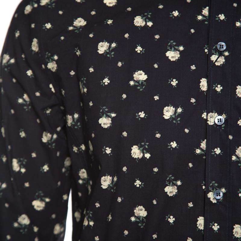 Men's Dolce and Gabbana Sicilia Black Floral Printed Cotton Long Sleeve Shirt XL