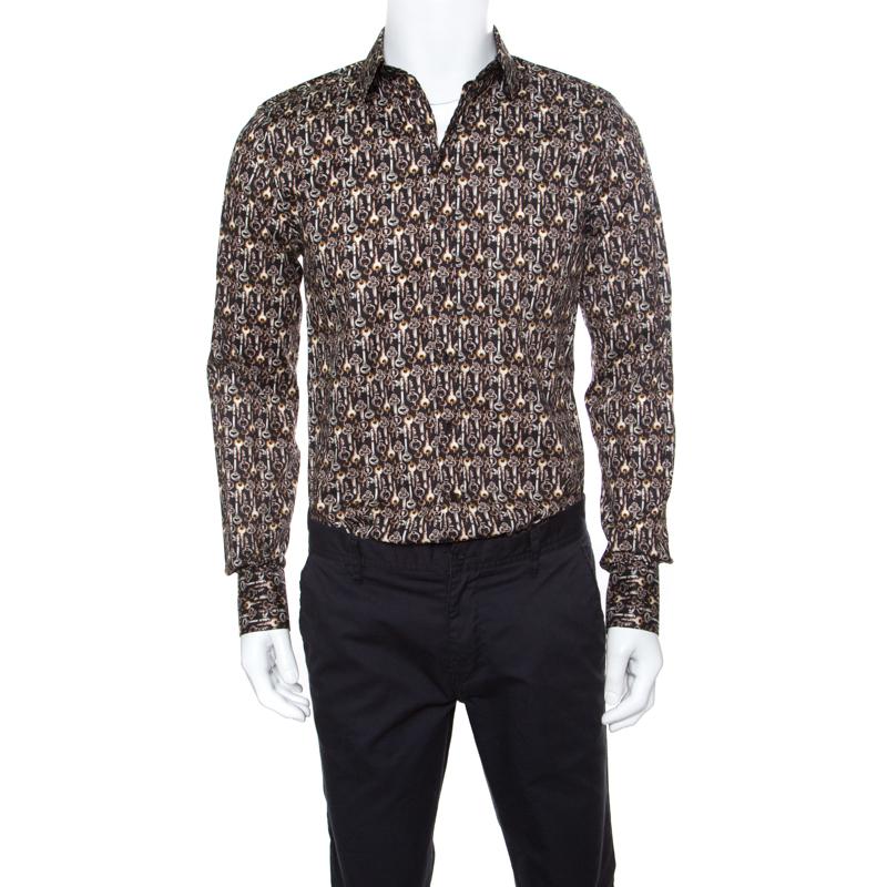 Gray Dolce and Gabbana Sicilia Brown Key Printed Cotton Long Sleeve Button Front Shir