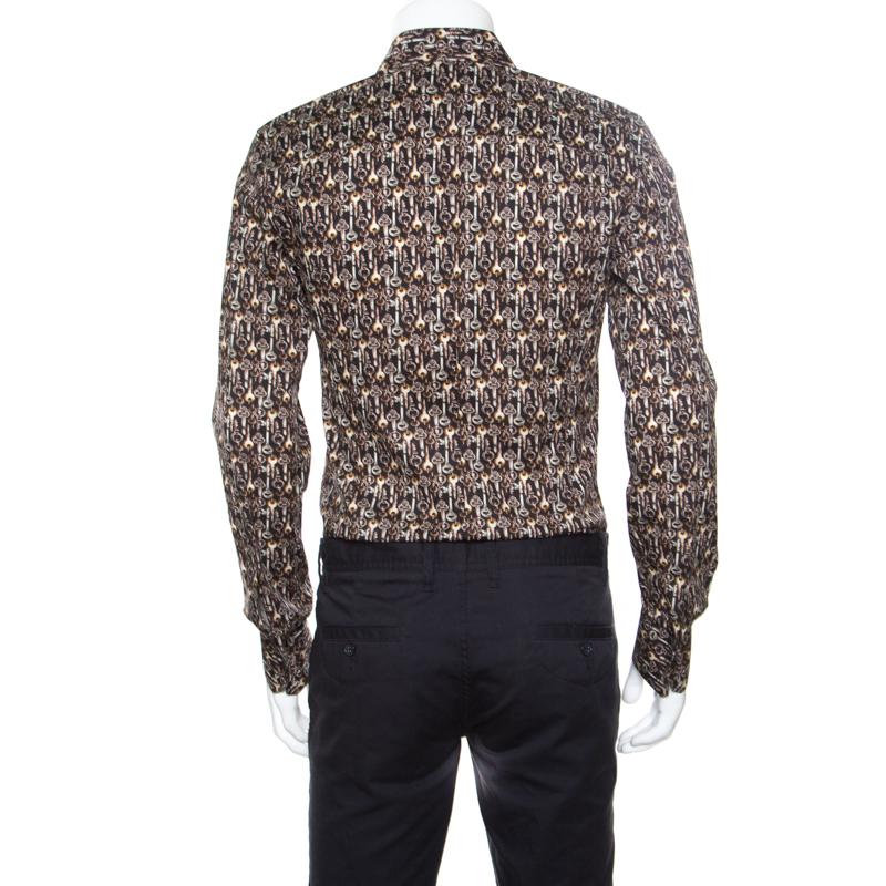 Men's Dolce and Gabbana Sicilia Brown Key Printed Cotton Long Sleeve Button Front Shir