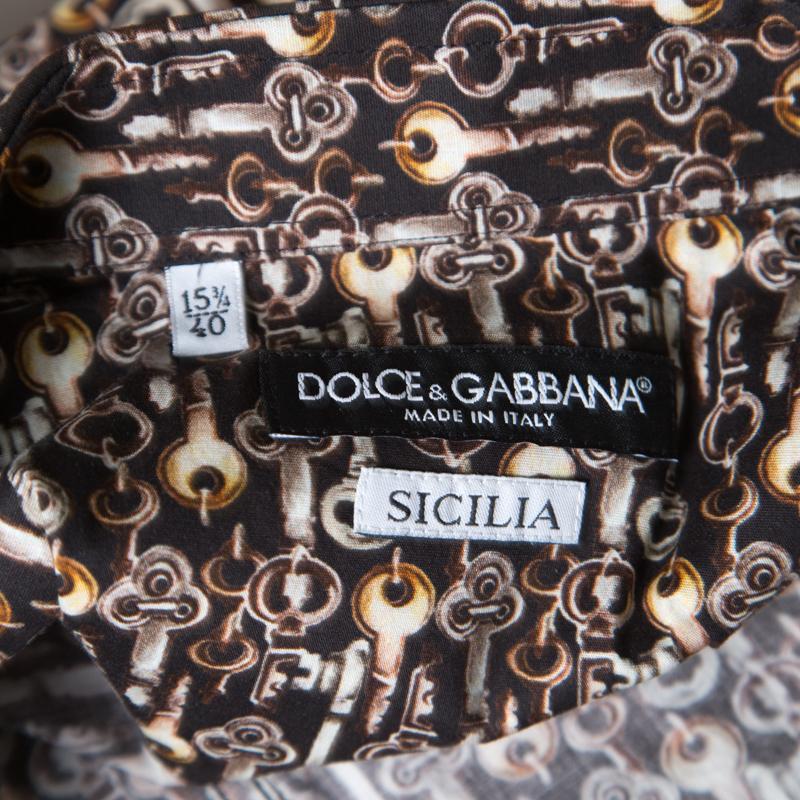 Dolce and Gabbana Sicilia Brown Key Printed Cotton Long Sleeve Button Front Shir 1