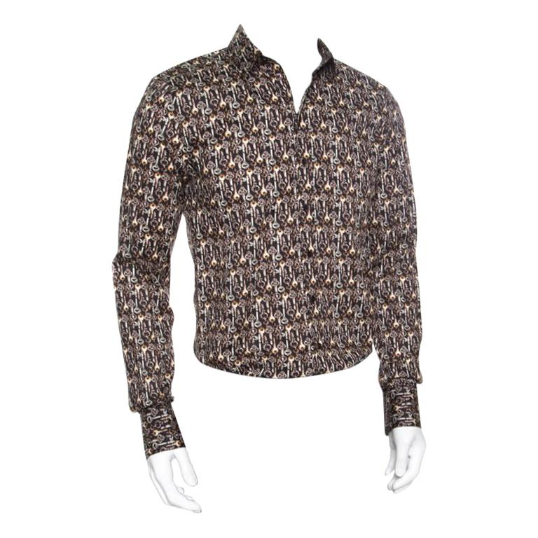 Dolce and Gabbana Sicilia Brown Key Printed Cotton Long Sleeve Button Front Shir