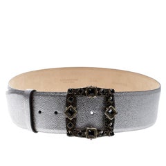 Dolce and Gabbana Silver Leather Crystal Embellished Buckle Belt 95cm