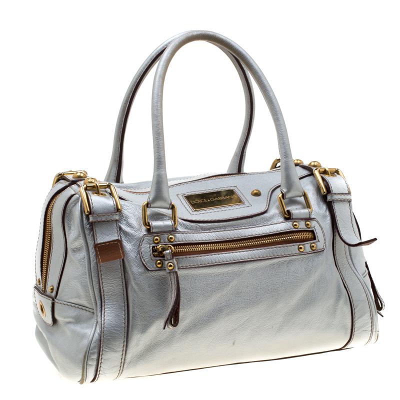 Dolce and Gabbana Silver Leather Miss Easy Way Boston Bag In Good Condition In Dubai, Al Qouz 2