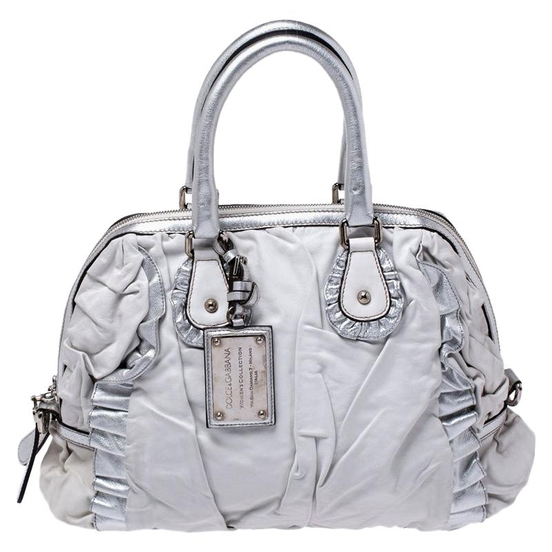 Dolce and Gabbana Silver Leather Miss Rouche Distressed Satchel