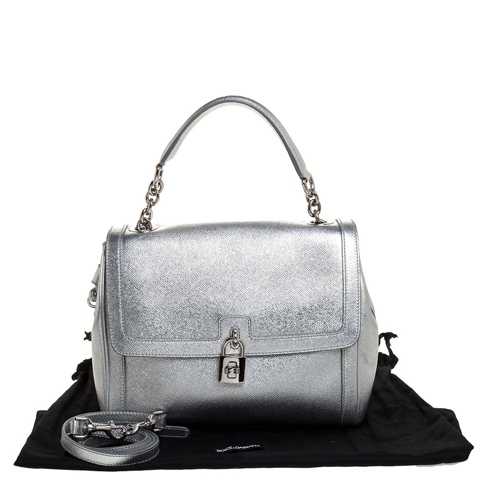 Dolce and Gabbana Silver Leather Small Miss Dolce Top Handle Bag 4