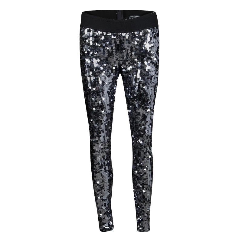 Dolce and Gabbana Silver Sequin Paillette Embellished Leggings M