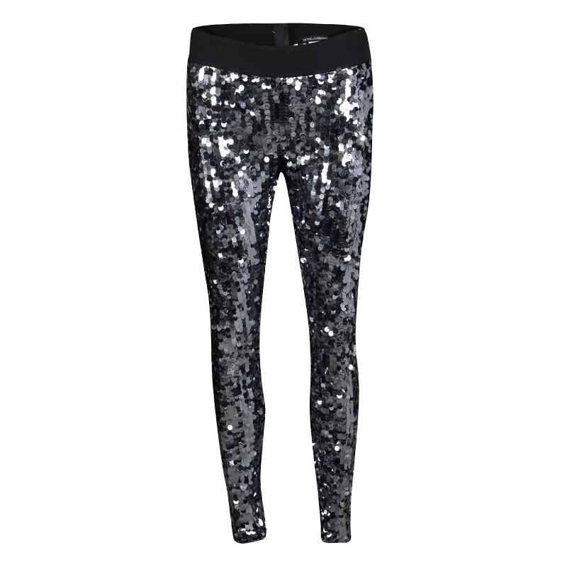 Dolce and Gabbana Silver Sequin Paillette Embellished Leggings M