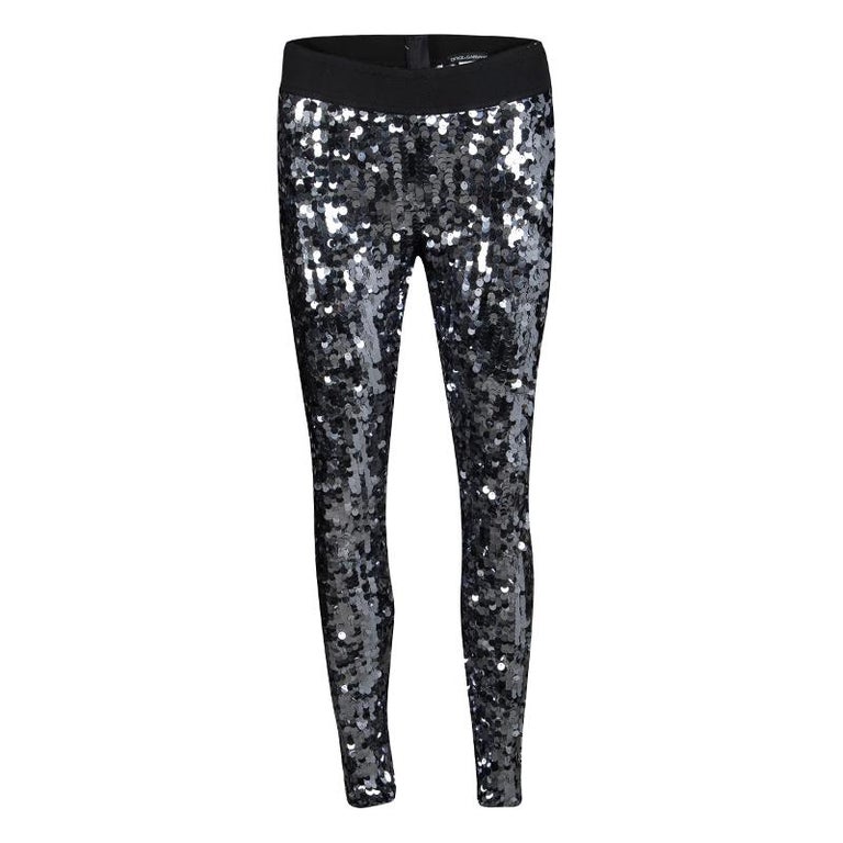 Dolce and Gabbana Silver Sequin Paillette Embellished Leggings M For ...