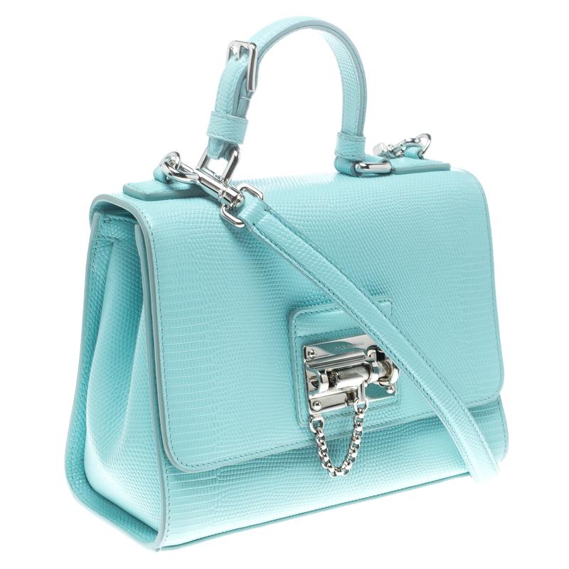 Dolce and Gabbana Sky Blue Lizard Embossed Leather Small Miss Monica Top Handle  In Excellent Condition In Dubai, Al Qouz 2