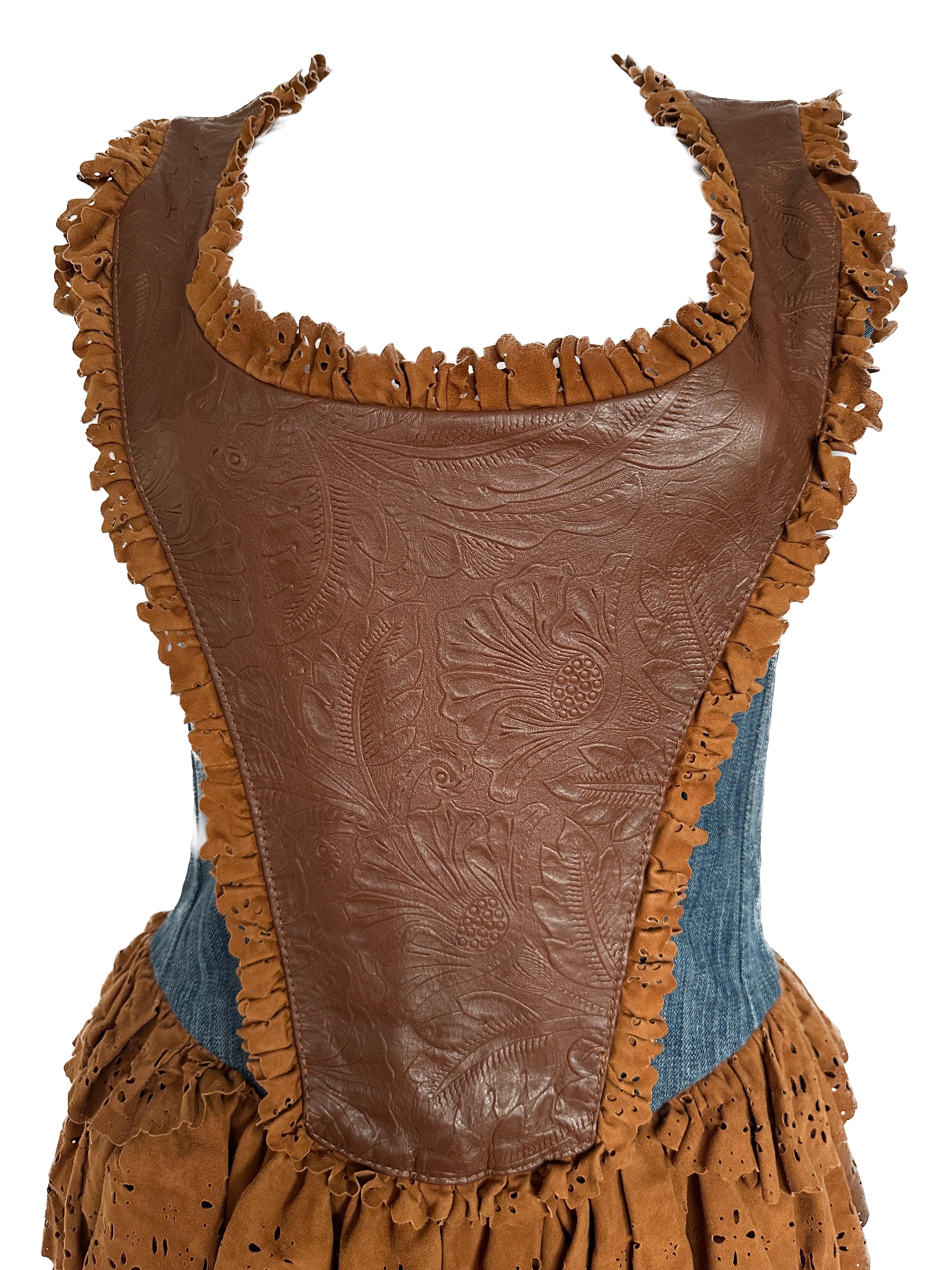 Brown Dolce and Gabbana ss 2010 runway denim and leather dress with boned corset  For Sale