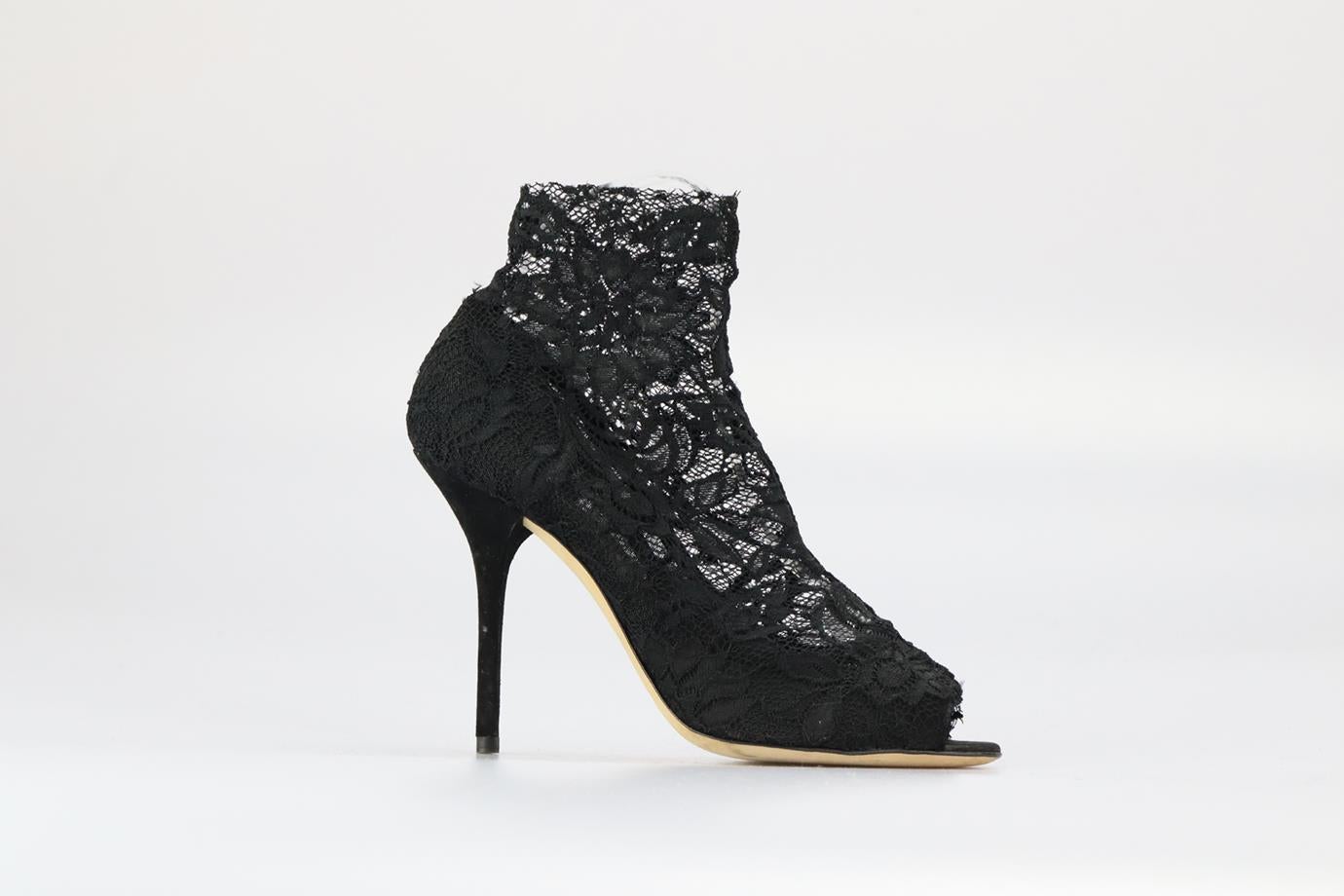 Dolce And Gabbana Stretch Lace And Suede Ankle Boots. Black. Pull on. Does not come with - dustbag or box. EU 40 (UK 7, US 10). Insole: 10 in. Heel height: 4.4 in. Condition: New without box.