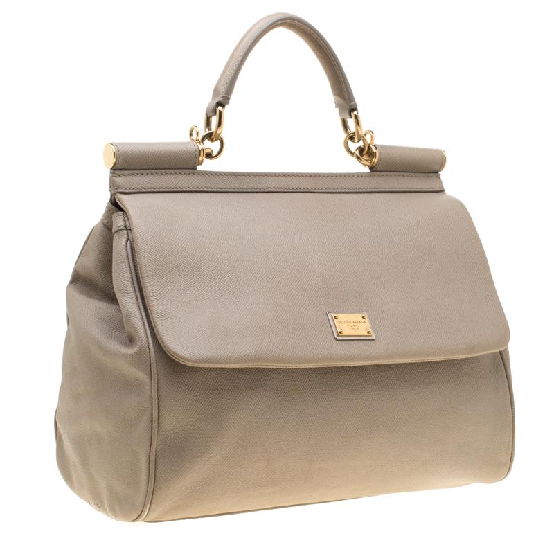 Dolce and Gabbana Taupe Leather Medium Miss Sicily Top Handle Bag In Good Condition In Dubai, Al Qouz 2