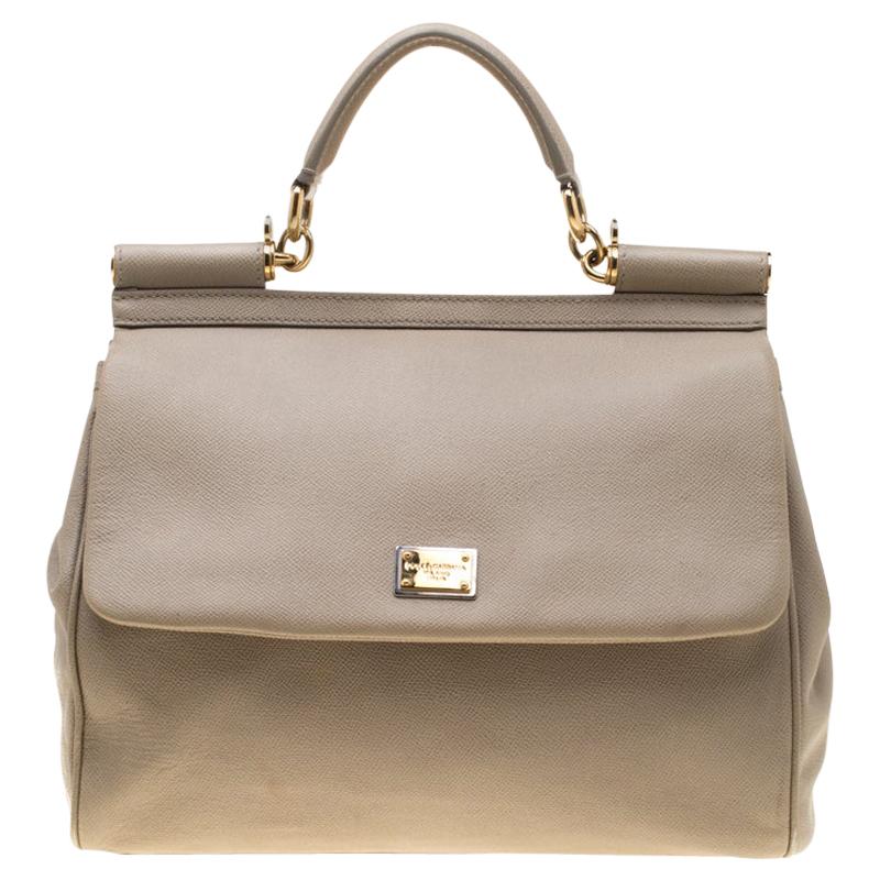 Dolce and Gabbana Taupe Leather Medium Miss Sicily Top Handle Bag