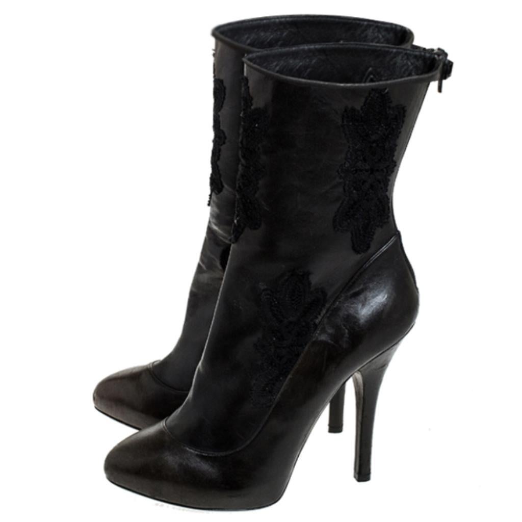 Women's Dolce and Gabbana Two Tone Leather And Black Lace Mid Calf Boots Size 39