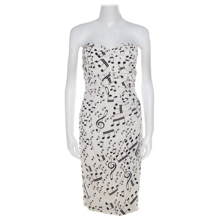 Dolce And Gabbana White and Black Musical Note Printed Silk Strapless Dress S