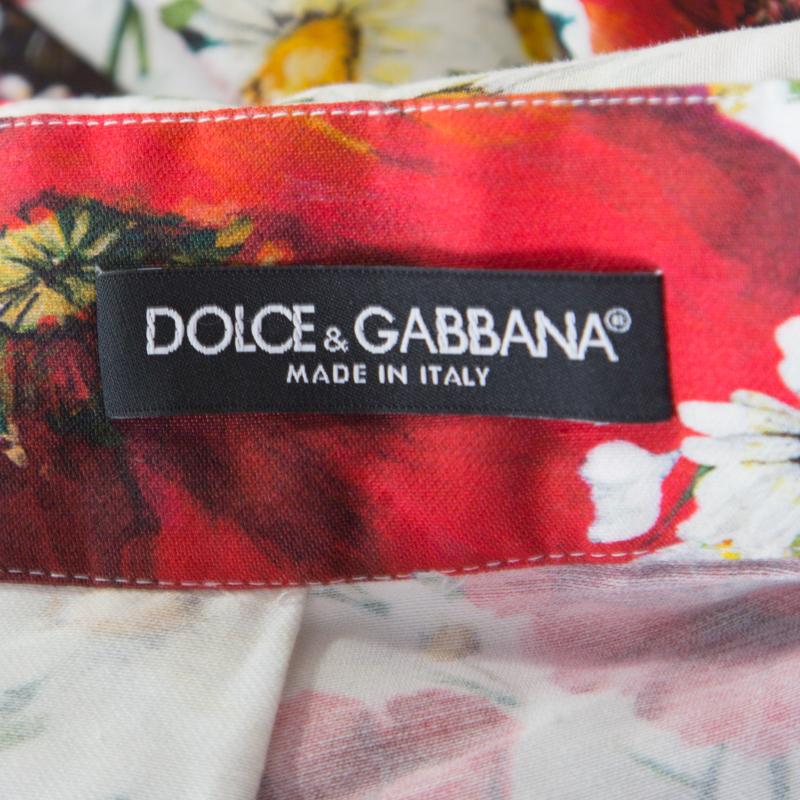Beige Dolce and Gabbana White and Red Floral Printed Cotton and Silk Pleated Skirt M
