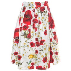 Dolce and Gabbana White and Red Floral Printed Cotton and Silk Pleated Skirt M