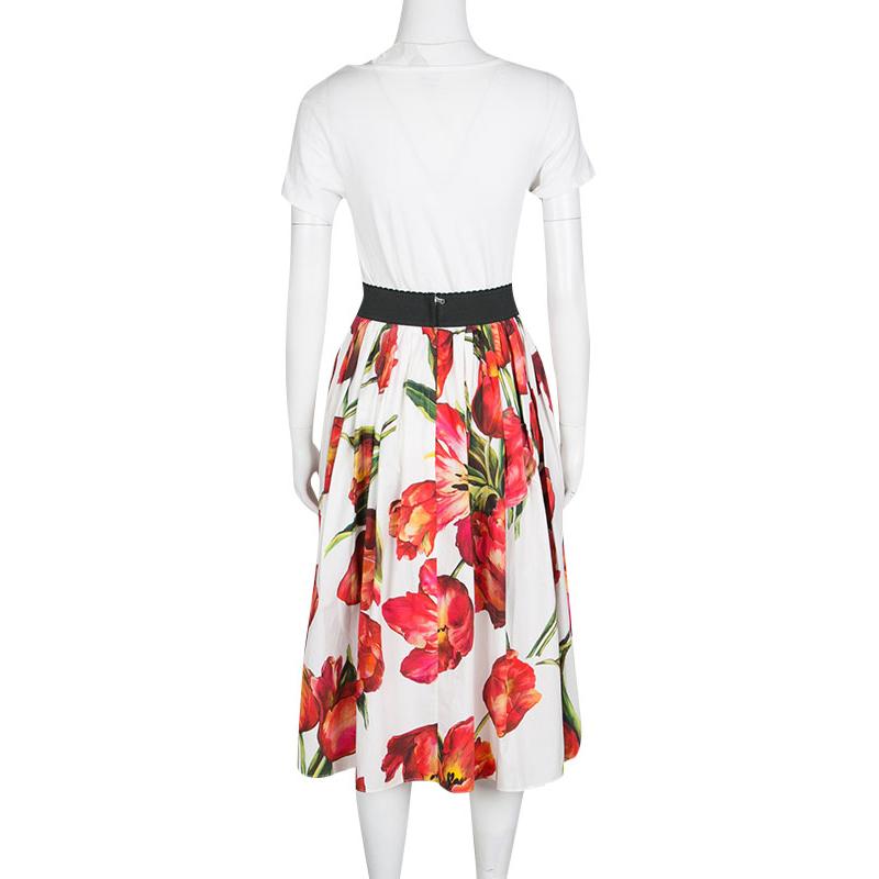Brown Dolce and Gabbana White and Red Tulip Printed Gathered Cotton Skirt S