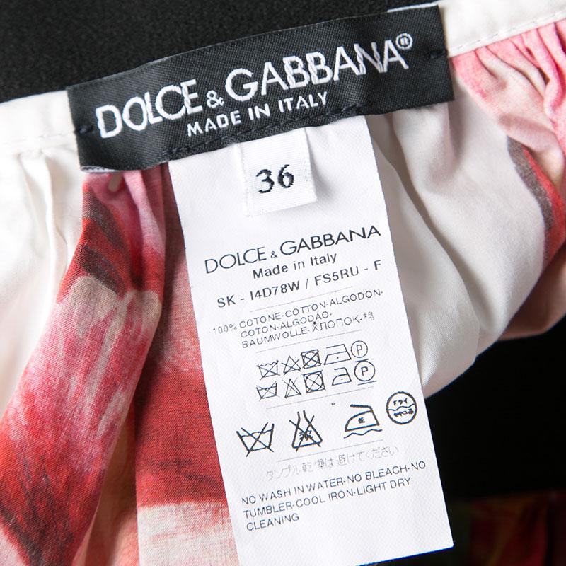 Women's Dolce and Gabbana White and Red Tulip Printed Gathered Cotton Skirt S