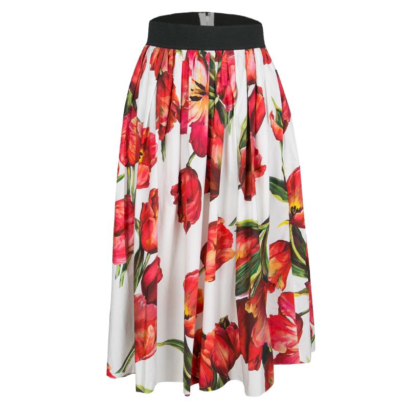 Dolce and Gabbana White and Red Tulip Printed Gathered Cotton Skirt S