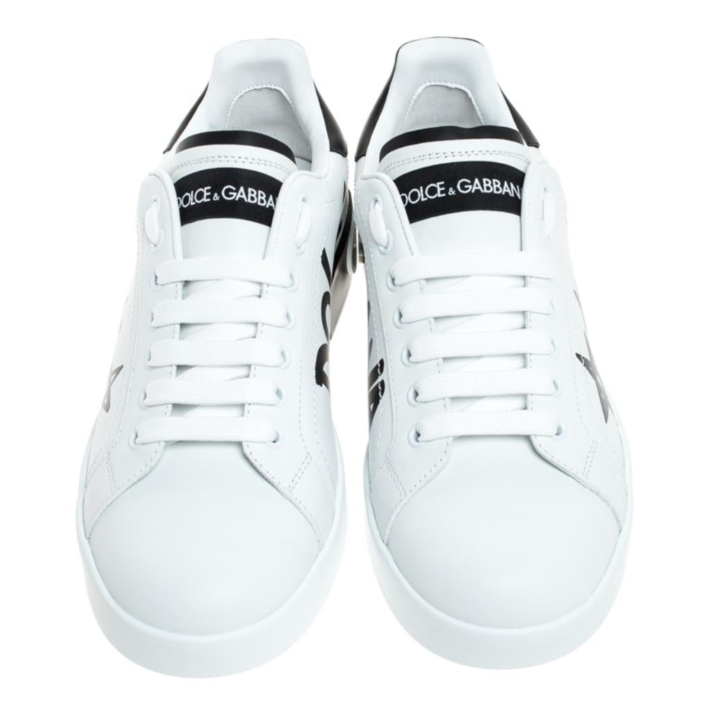 Gray Dolce and Gabbana White/Black Leather Portofino Low Top Sneakers Size 38.5