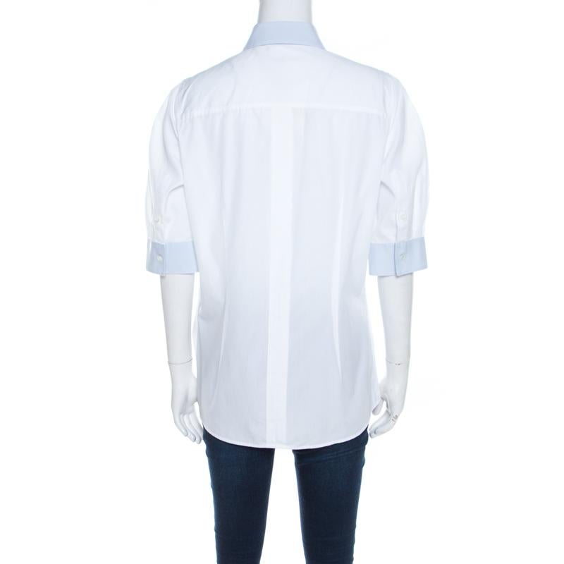 Gray Dolce and Gabbana White Cotton Poplin Contrast Collar and Cuff Detail Shirt L