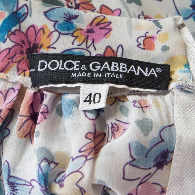 Women's Dolce and Gabbana White Floral Printed Gathered Puff Sleeve Blouse S