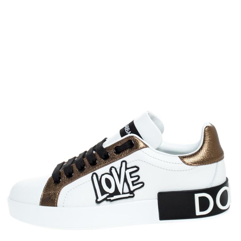 Dolce & Gabbana White Gold Leather Low Top Sneakers