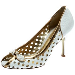 Dolce and Gabbana White/Gold Perforated Leather Bow Peep Toe Pumps Size 36.5