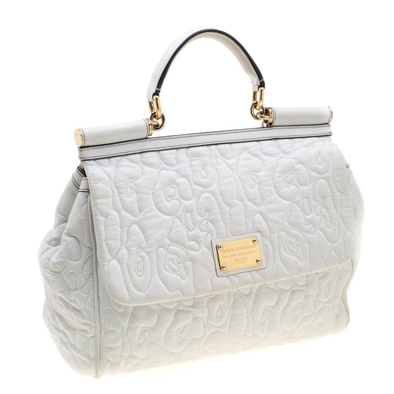 Dolce And Gabbana White Leather Large Miss Sicily Top Handle Bag In Good Condition In Dubai, Al Qouz 2