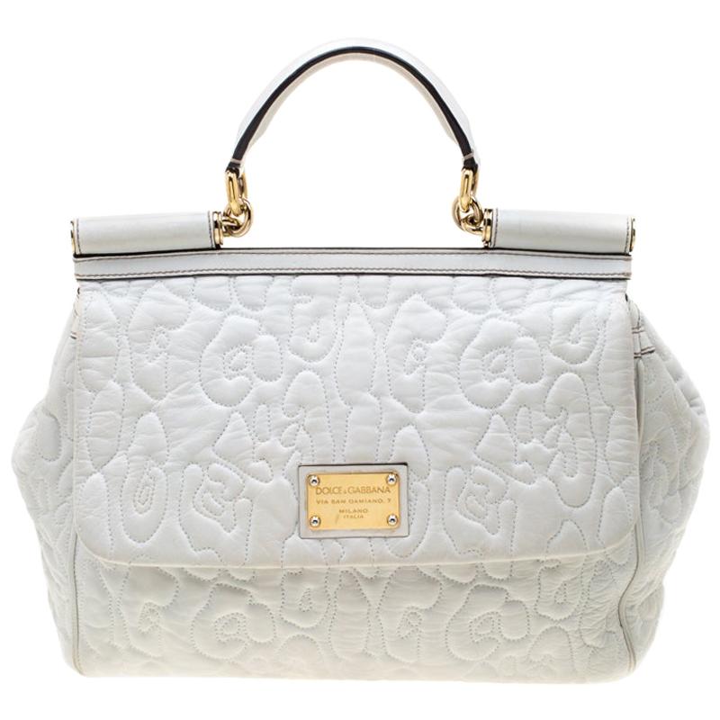 Dolce And Gabbana White Leather Large Miss Sicily Top Handle Bag