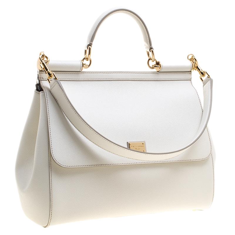 Dolce and Gabbana White Leather Large Miss Sicily Tote In Good Condition In Dubai, Al Qouz 2