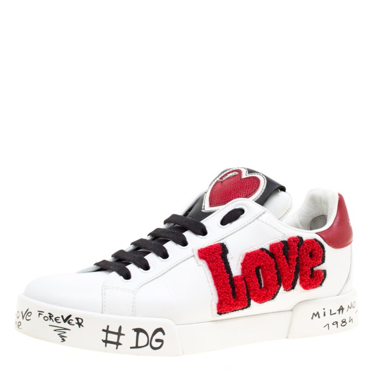 Dolce and Gabbana White Leather Love and Graffiti Lace Up Sneakers Size ...