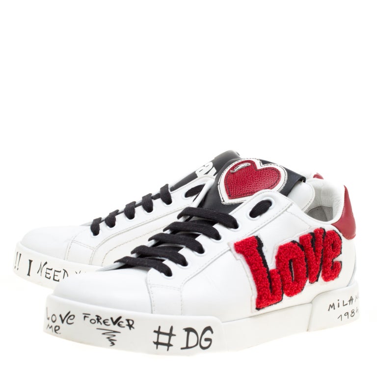 Dolce and Gabbana White Leather Love and Graffiti Lace Up