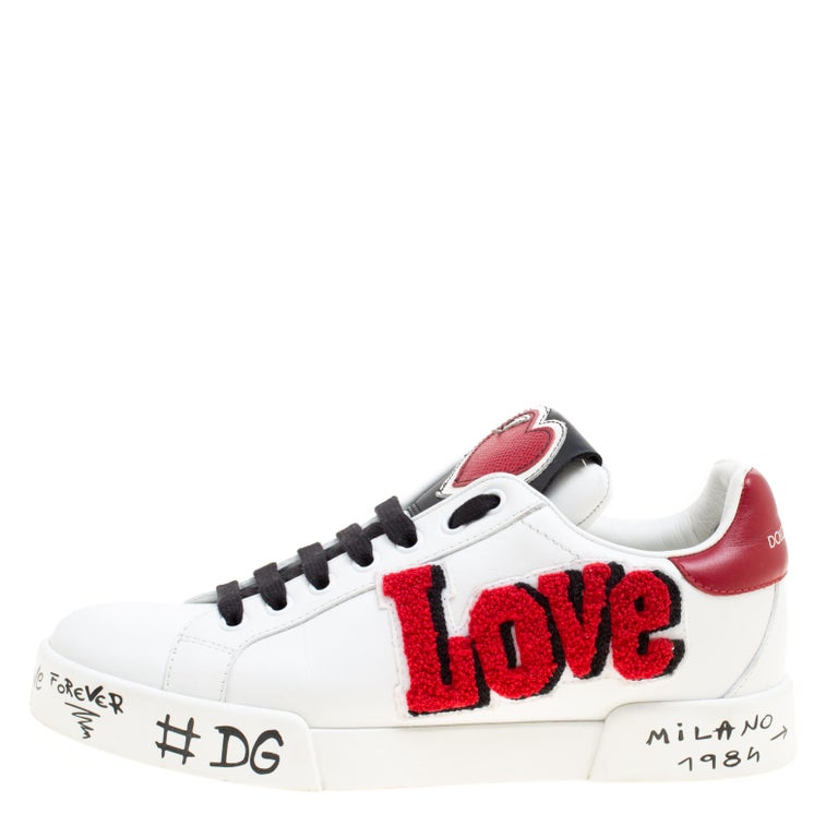 Dolce and Gabbana White Leather Love and Graffiti Lace Up Sneakers Size ...