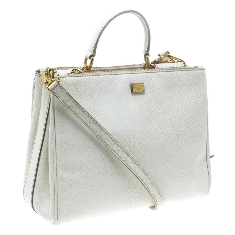 Gray Dolce and Gabbana White Leather Miss Sicily Double Zip Top Handle Bag