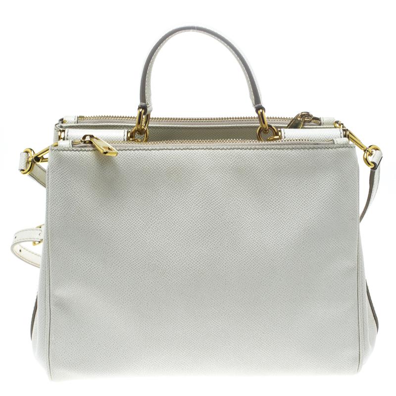 Dolce and Gabbana White Leather Miss Sicily Double Zip Top Handle Bag In Good Condition In Dubai, Al Qouz 2