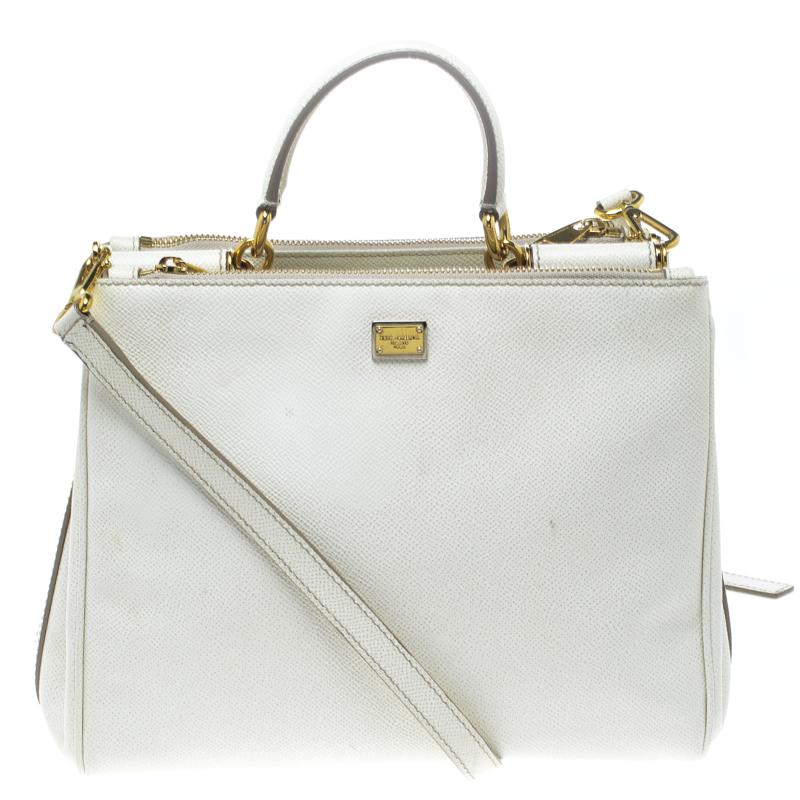 Dolce and Gabbana White Leather Miss Sicily Double Zip Top Handle Bag