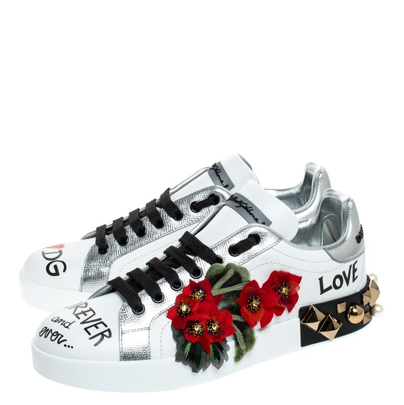 Women's Dolce and Gabbana White Leather Portofino Flower Embellished Low Top Size 35.5