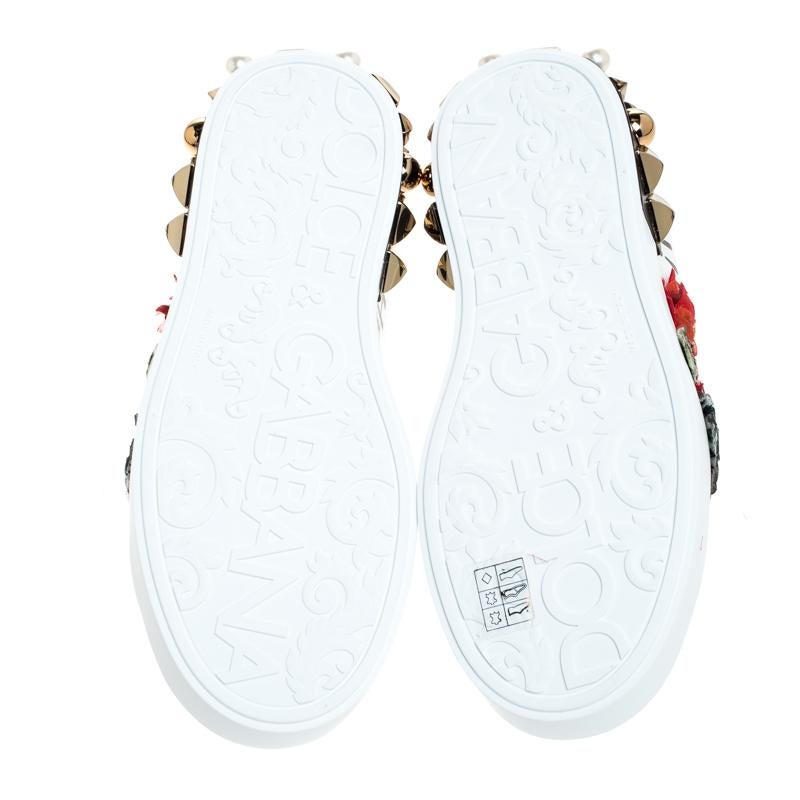 Women's Dolce and Gabbana White Leather Portofino Flower Embellished Low Top Size 36