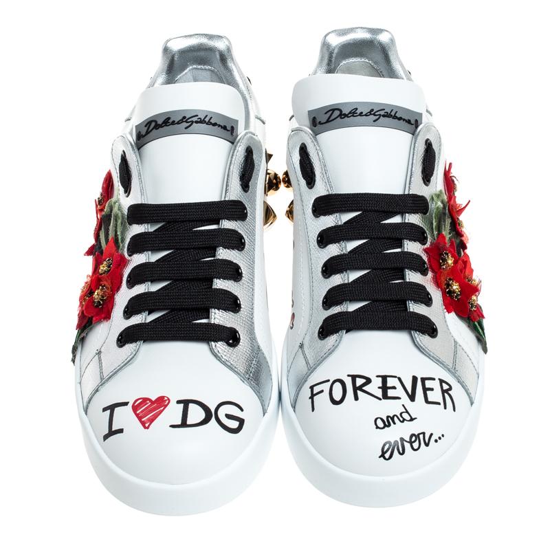 Fashion-forward and chic, these well-designed sneakers are made of leather. They feature round toes, lace-ups and gorgeous flower embellishments. Put your best foot forward in this pair by Dolce&Gabbana.

Includes: Original Dustbag, Original Box,