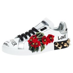 Dolce and Gabbana White Leather Portofino Flower Embellished Low Top Size 40