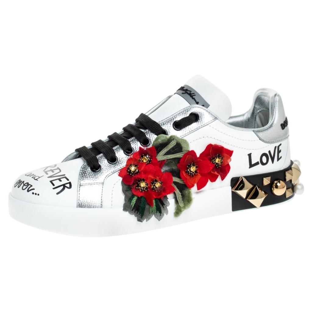 Dolce & Gabbana White Leather Rose Embroidery Low-Top  Shoes
