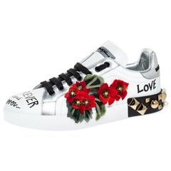 d&g sneakers Dolce and Gabbana White Leather Portofino Flower Low Top Sneakers Size 36