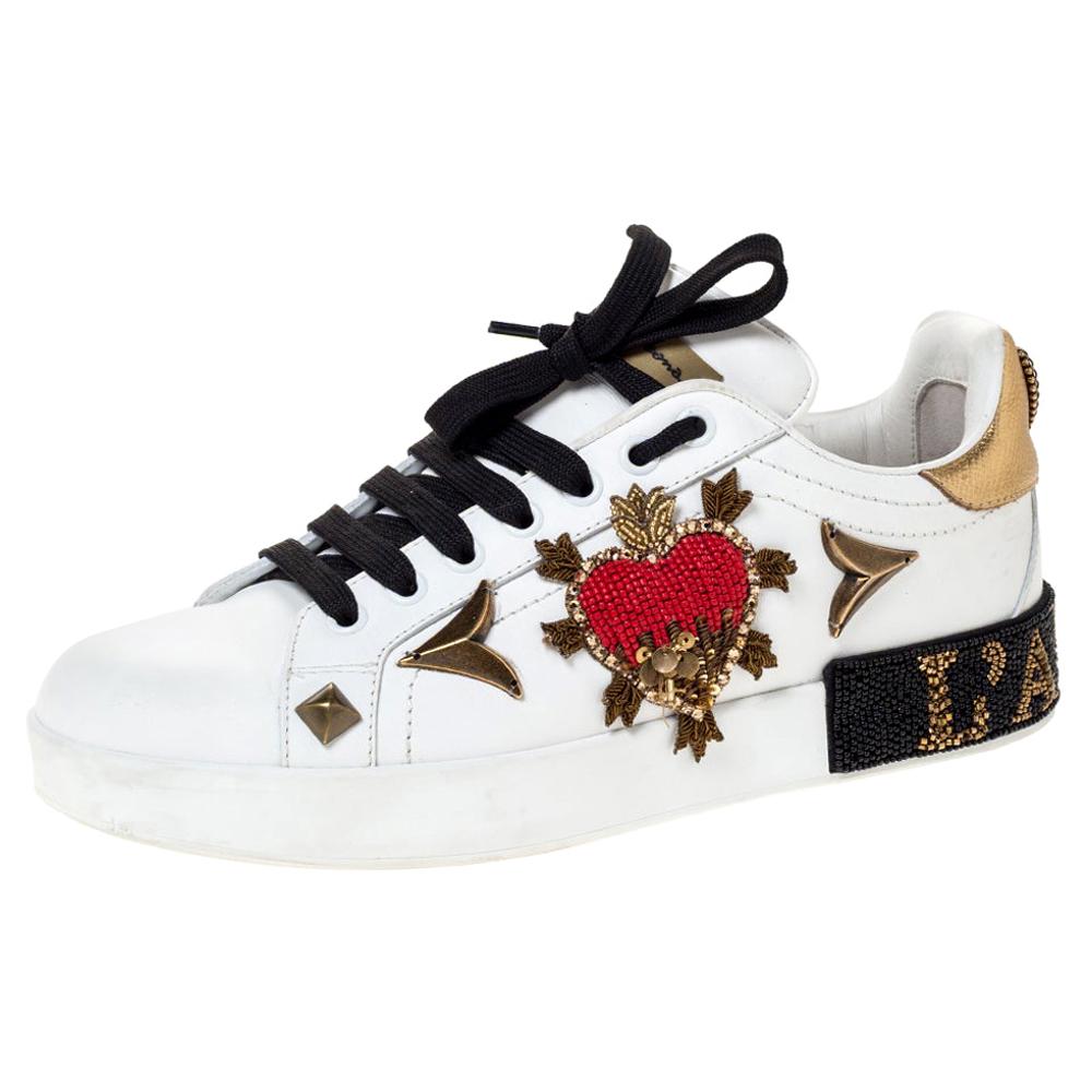Dolce and Gabbana White Leather Portofino Heart Low Top Sneakers Size 38